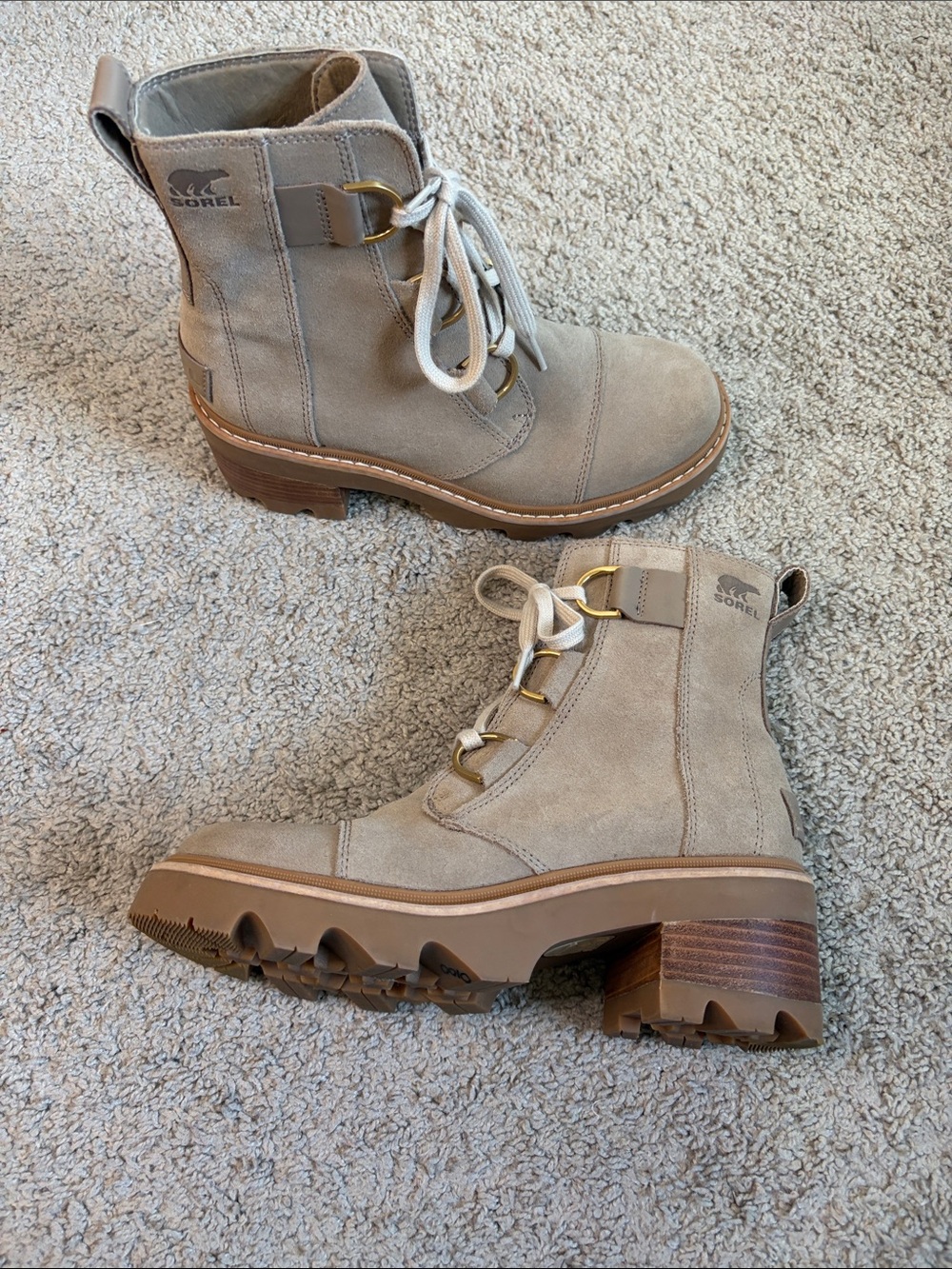 Sorel Joan Now Omega Taupe Tan Suede Leather Lace-Up  Combat Boots Women’s 8